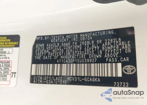 2005 Toyota Camry Solara Sle V6 из США, поврежденный, VIN 4T1CA30P15U039927